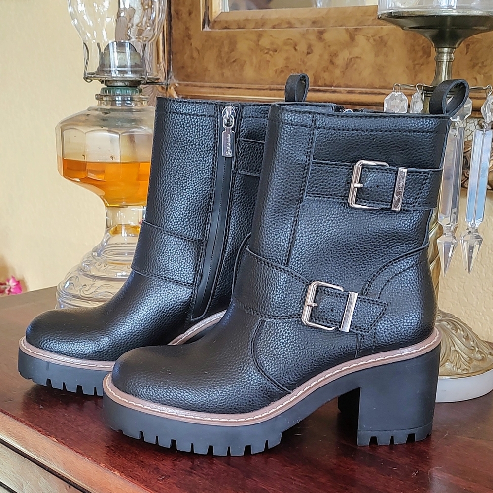 Blondo Black Leather Moto Buckle Ankle Boots